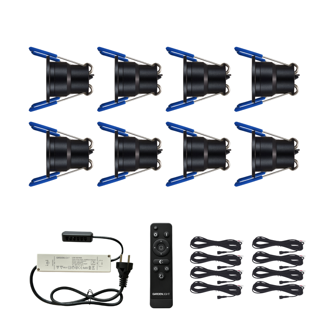 8er Komplettsystem Set (3 Watt) dimmbare LED-Einbaustrahler IP65 (Schwarz)