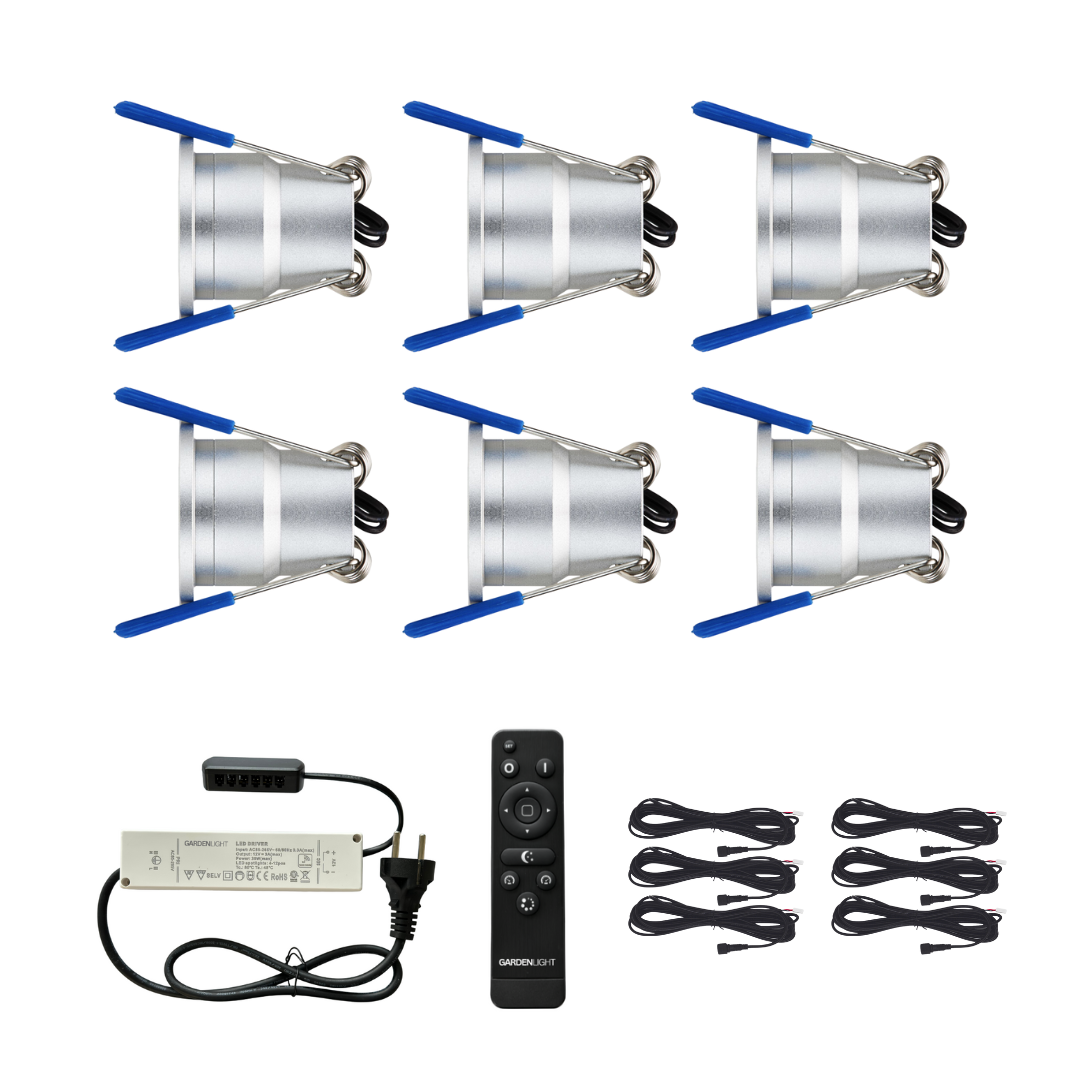 6er Komplettsystem Set (3 Watt) dimmbare LED-Einbaustrahler IP65 (Silber)