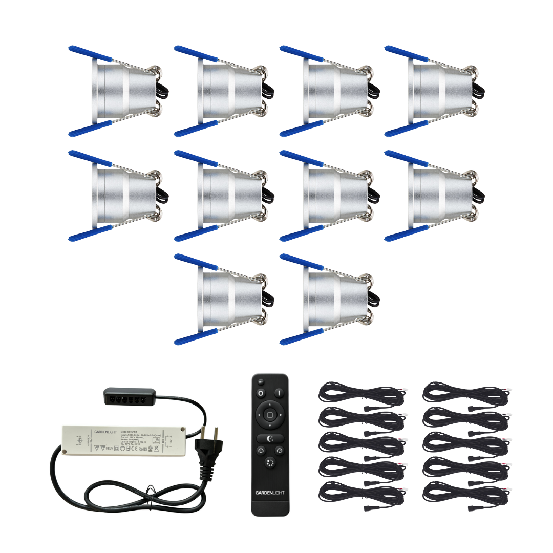 10er Komplettsystem Set (3 Watt) dimmbare LED-Einbaustrahler IP65 (Silber)