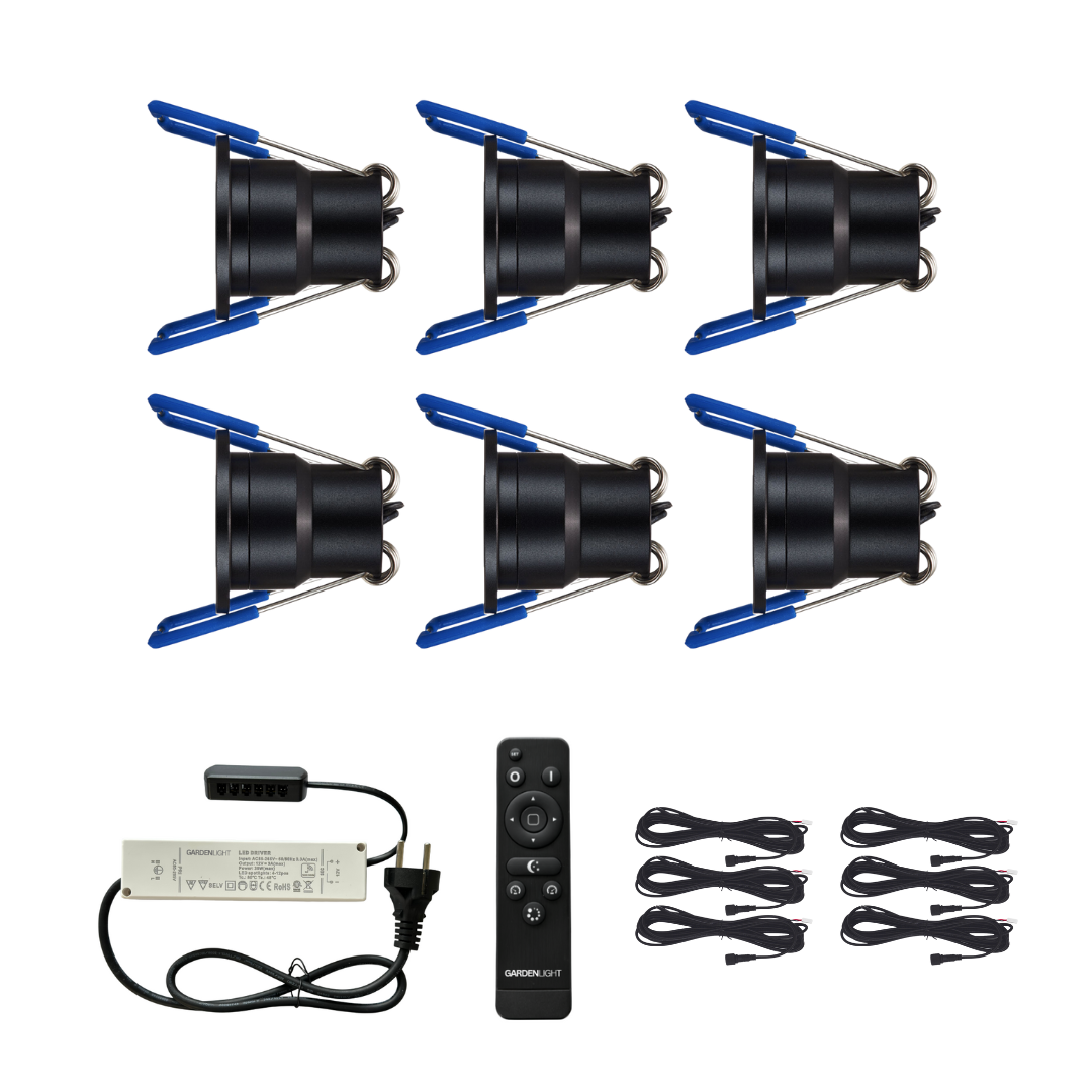 6er Komplettsystem Set (3 Watt) dimmbare LED-Einbaustrahler IP65 (Schwarz)