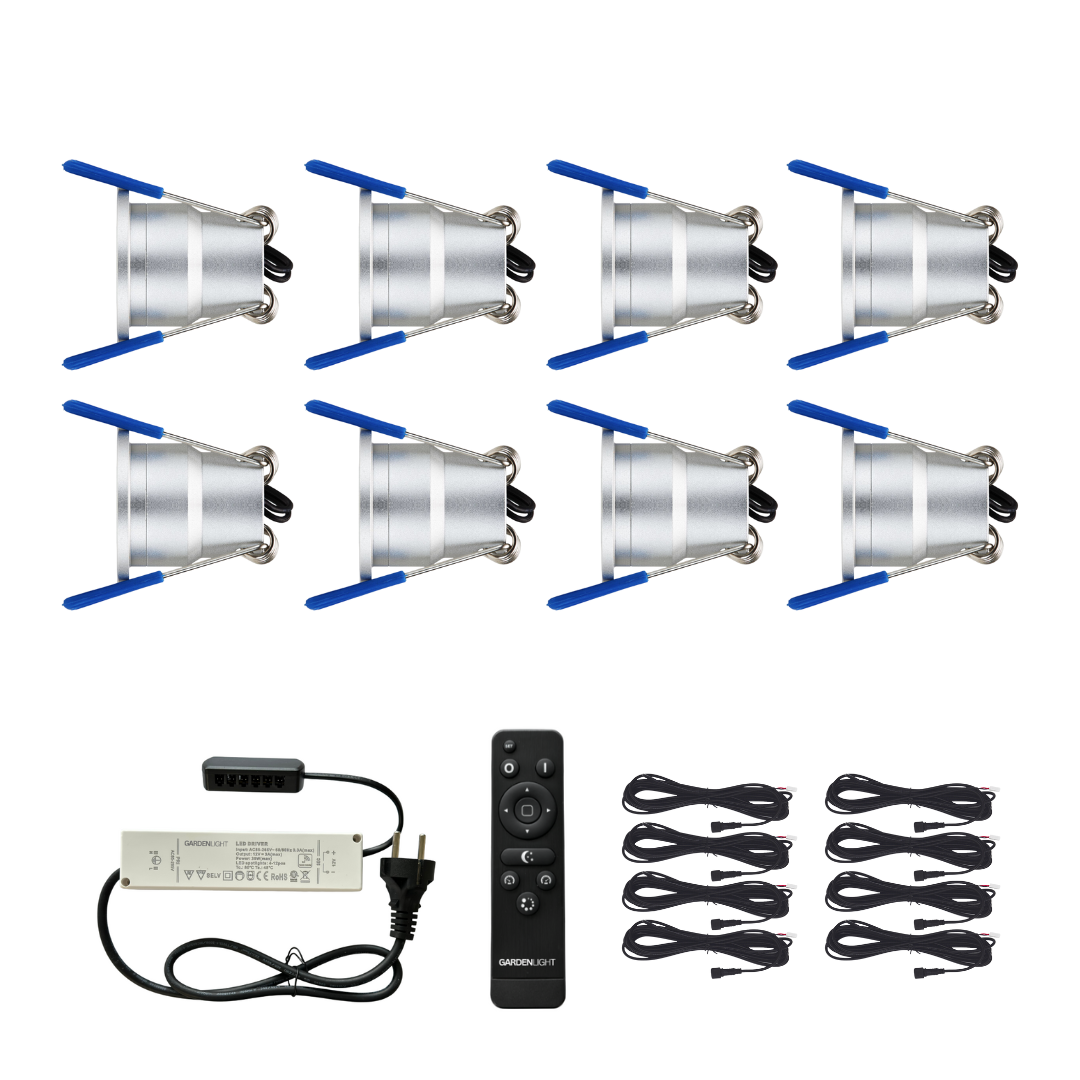 8er Komplettsystem Set (3 Watt) dimmbare LED-Einbaustrahler IP65 (Silber)